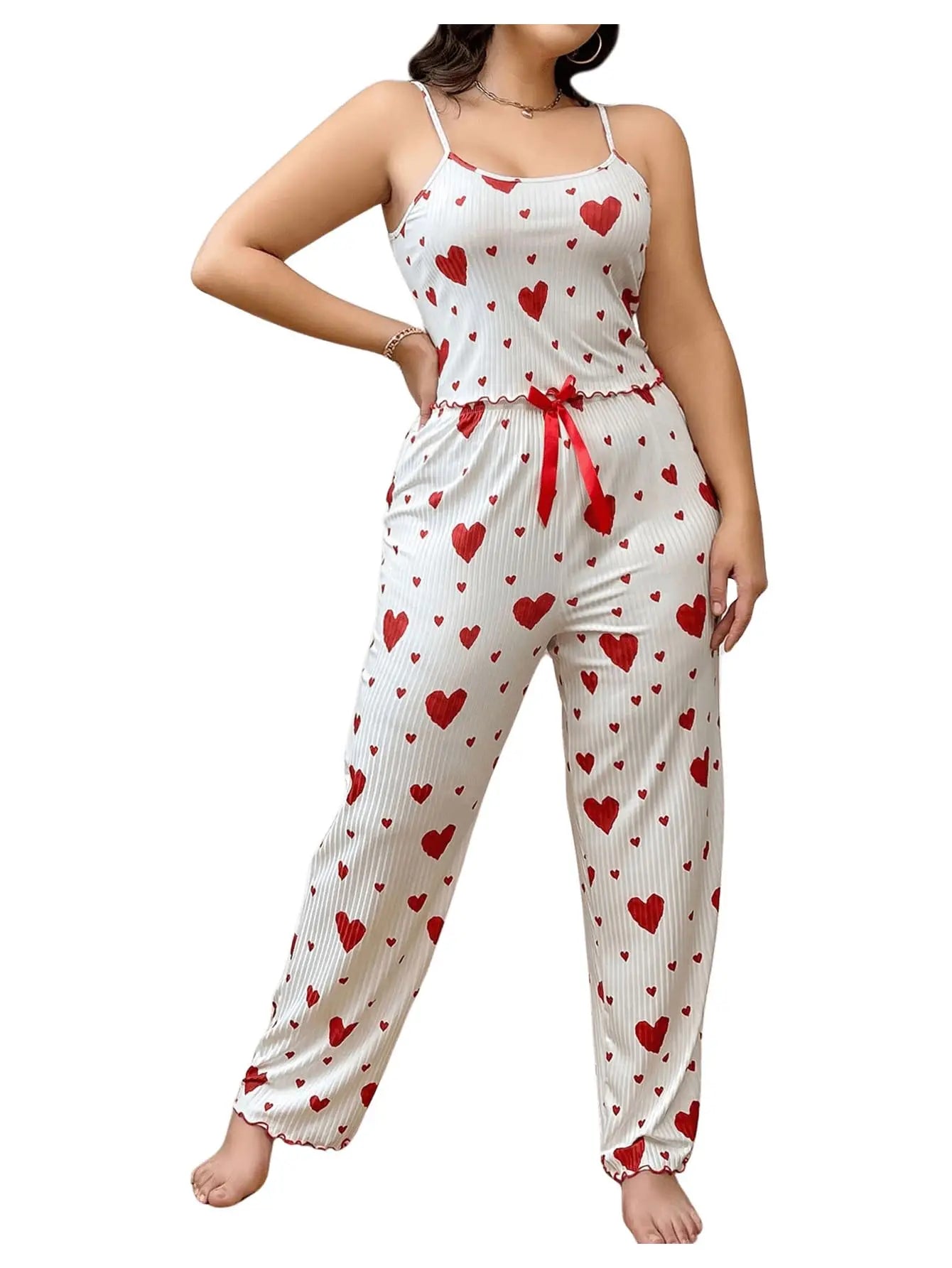 Plus Size Women Pajamas Set 2 Piece Sleeveless Vest and Trousers White Soft Breathable Sleepwear Casual Red Heart Print
