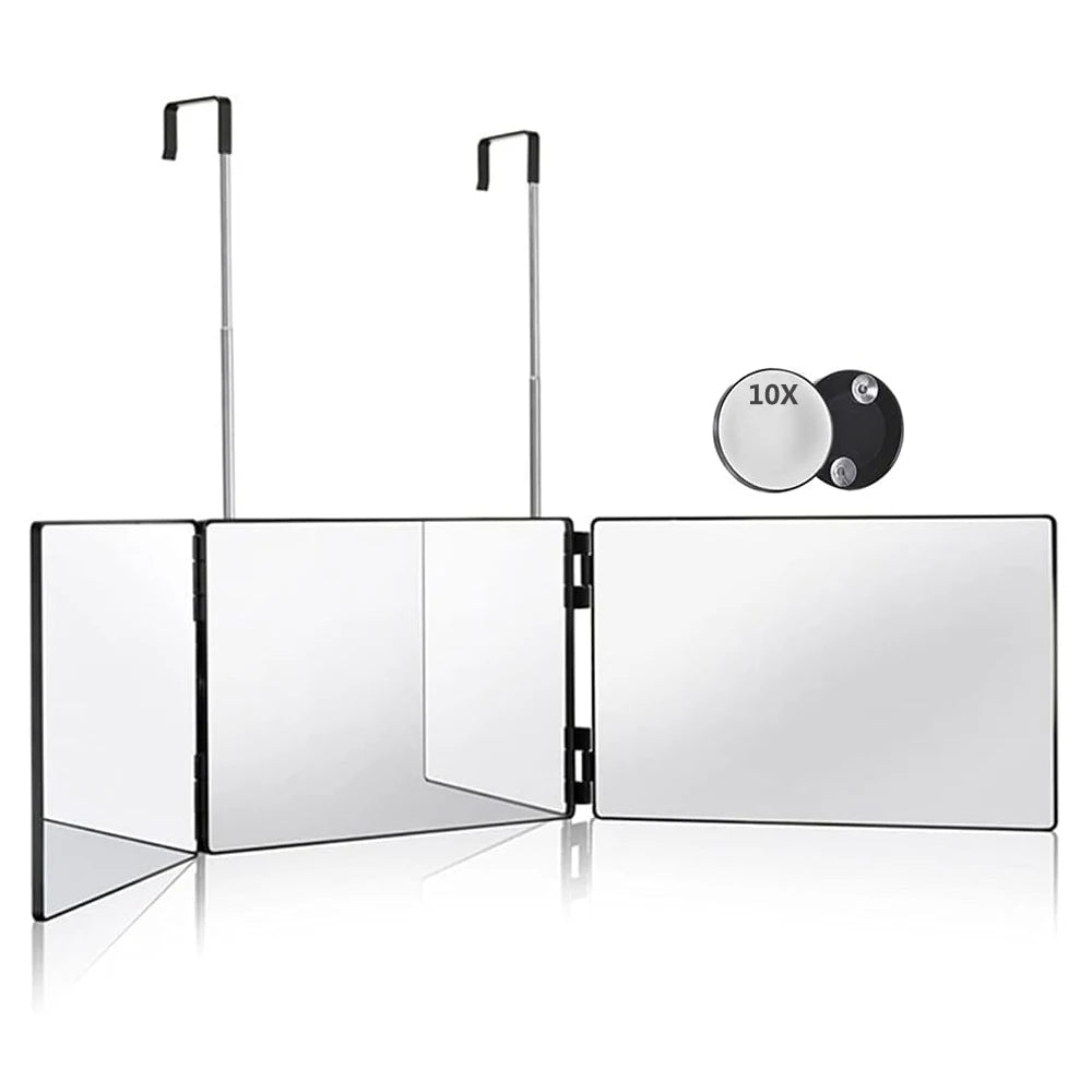 S Travel Portable 360 Trifold Vanity Makeup Mirror with Height Adjustable Telescoping Hook for Hair Self Cutting Fordable Mirror