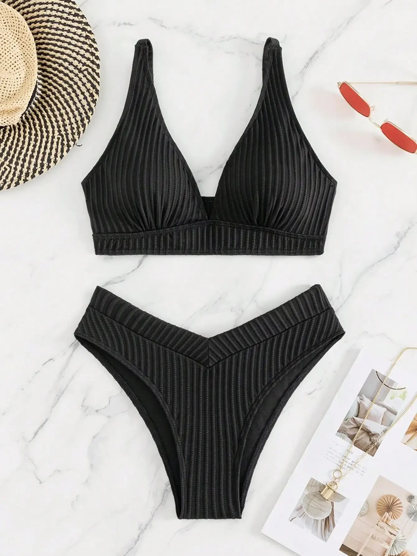 Summer black pure lace-up separate bikini swimsuit set photo check-in