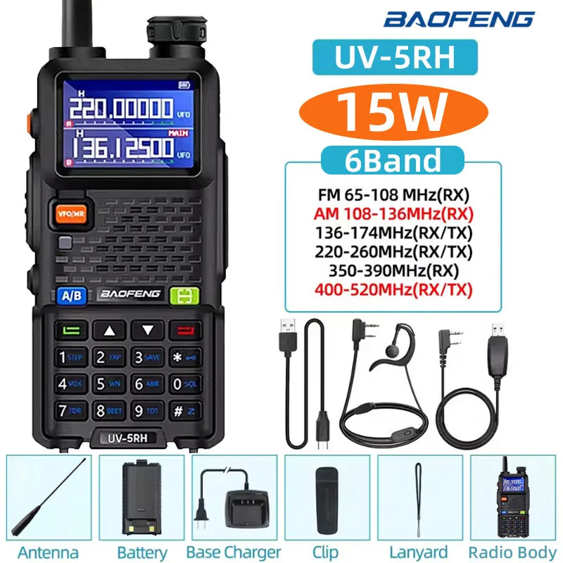 Baofeng walkie talkie UV5RH 15W, six band wireless replication frequency, 999CH, USB transceiver, HAM, , 50KM