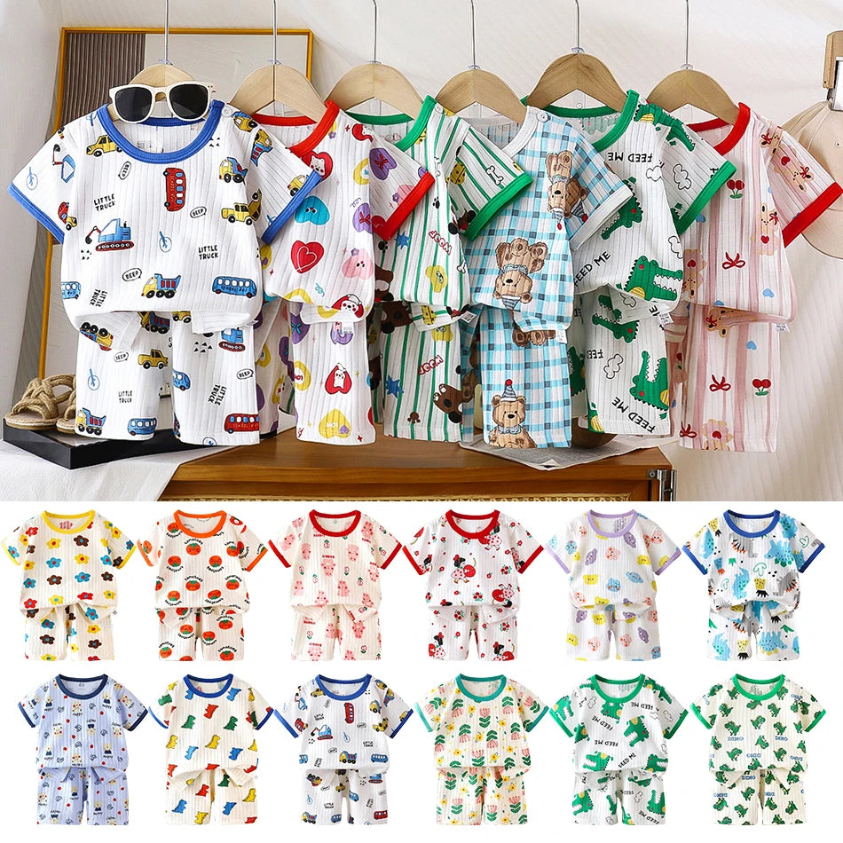 2 Pcs Dinosaur Print T-shirt Set Children's Cartoon Pajamas Sets Boys Kid's Short Sleeve Summer Korean Style Baby Girl Clothes