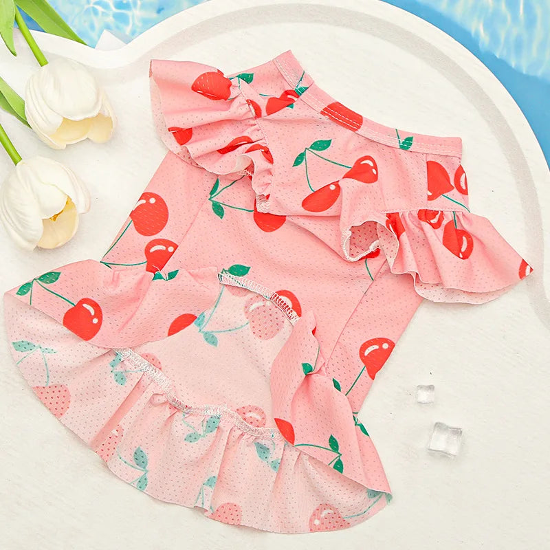 Summer Mesh Dog Clothes Fashion Dog Dresses Floral Print Puppy Princess Dress Ice Silk Cat Flying Sleeve Skirt Yorkshire Apparel