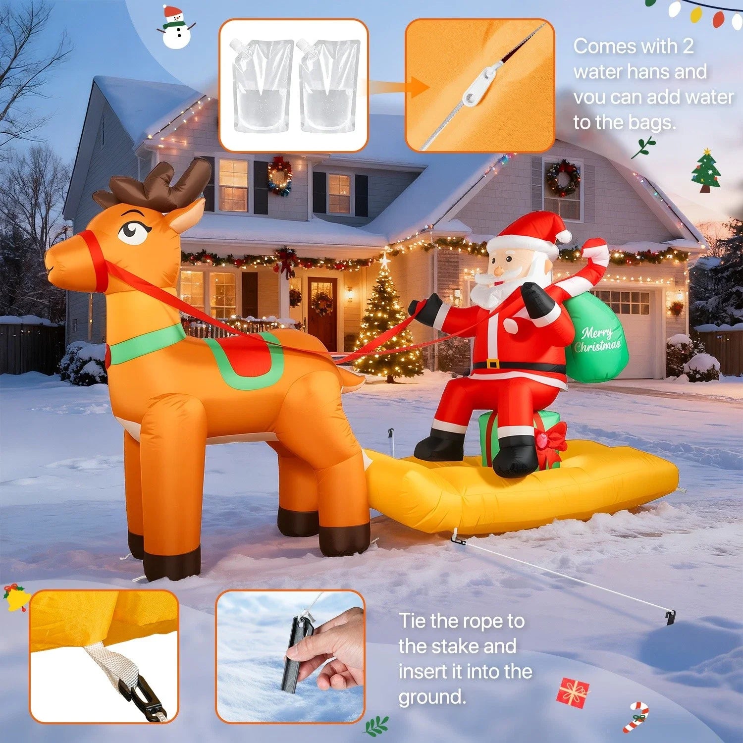 Christmas Inflatable Outdoor Decoration Santa Claus On Sleigh With Reindeer With LED Light Xmas Blow Up Model For Party Yard