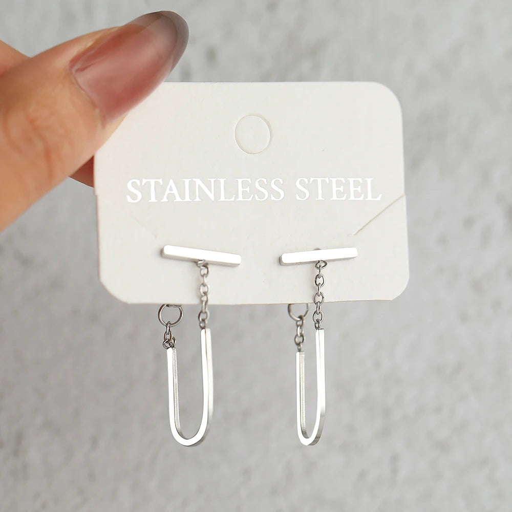 Stainless Steel Earrings Simple Geometric Stick Gothic Hip Hop Stereo U-shaped Tassel Pendant Earrings For Women Jewelry Gifts