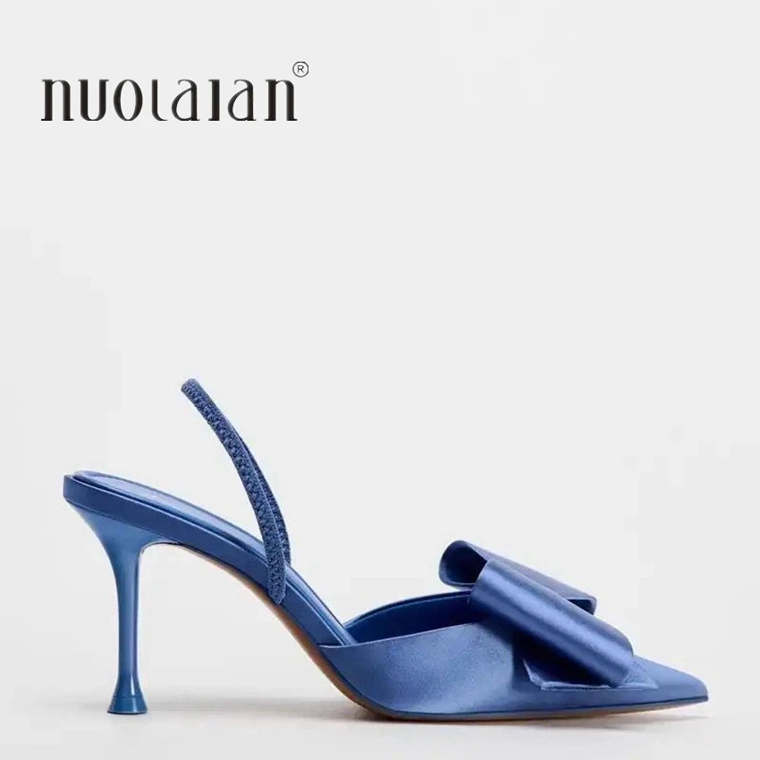 Fashion Bow knot High Heels Sandals Women 2025 Summer Slingback Pumps Vintage Satin Pointed Toe Heeled Elegant Party Lady Shoes