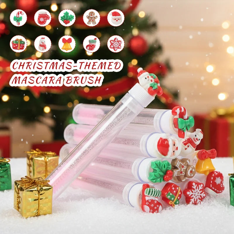 10pcs Christmas Eyelash Brushes Set - Santa Snowflake Design Mascara Wand, Eyebrow Comb, Makeup Applicator - Festive Beauty Gift