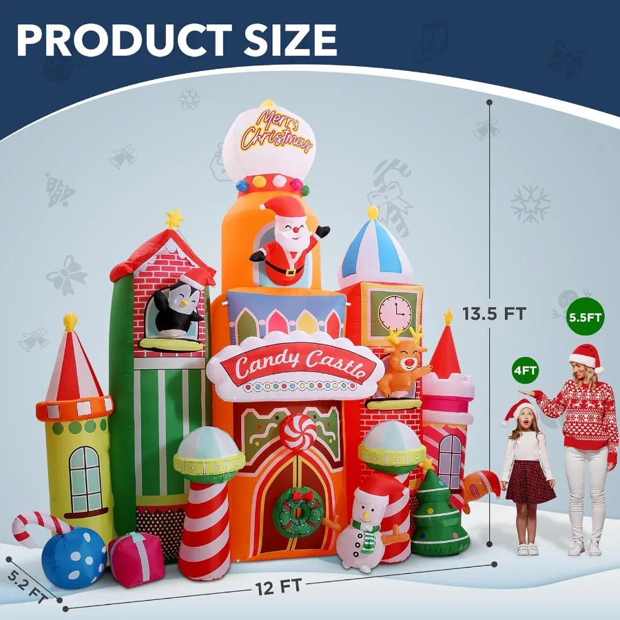 13.5 FT Tall Candy Castle Christmas Inflatables Outdoor Decorations Blow Up Christmas Decorations with Built-in Rotating Light