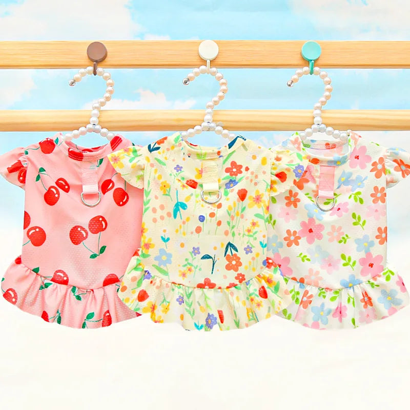 Summer Mesh Dog Clothes Fashion Dog Dresses Floral Print Puppy Princess Dress Ice Silk Cat Flying Sleeve Skirt Yorkshire Apparel