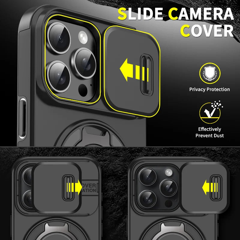 Luxury Heavy Duty Rugged Armor Magnetic Bracket Case For iPhone 16 15 14 13 12 11 Pro Max Plus Slide Camera Protection PC Cover