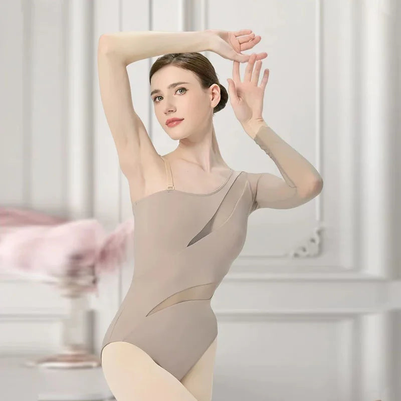 New Ballet Dance Leotards for Girls Women  Mesh Splicing Diagonal sleeved irregular Long Sleeves Gymnastics Lyrical Stage Costum