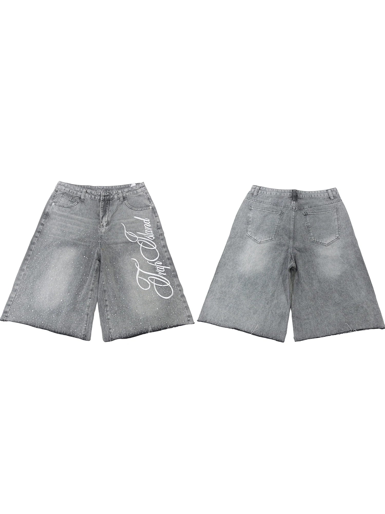 Men s Stylish Knee-Length Denim Shorts with Embroidered Logo and Rhinestone Detailing for Summer Casual Wear