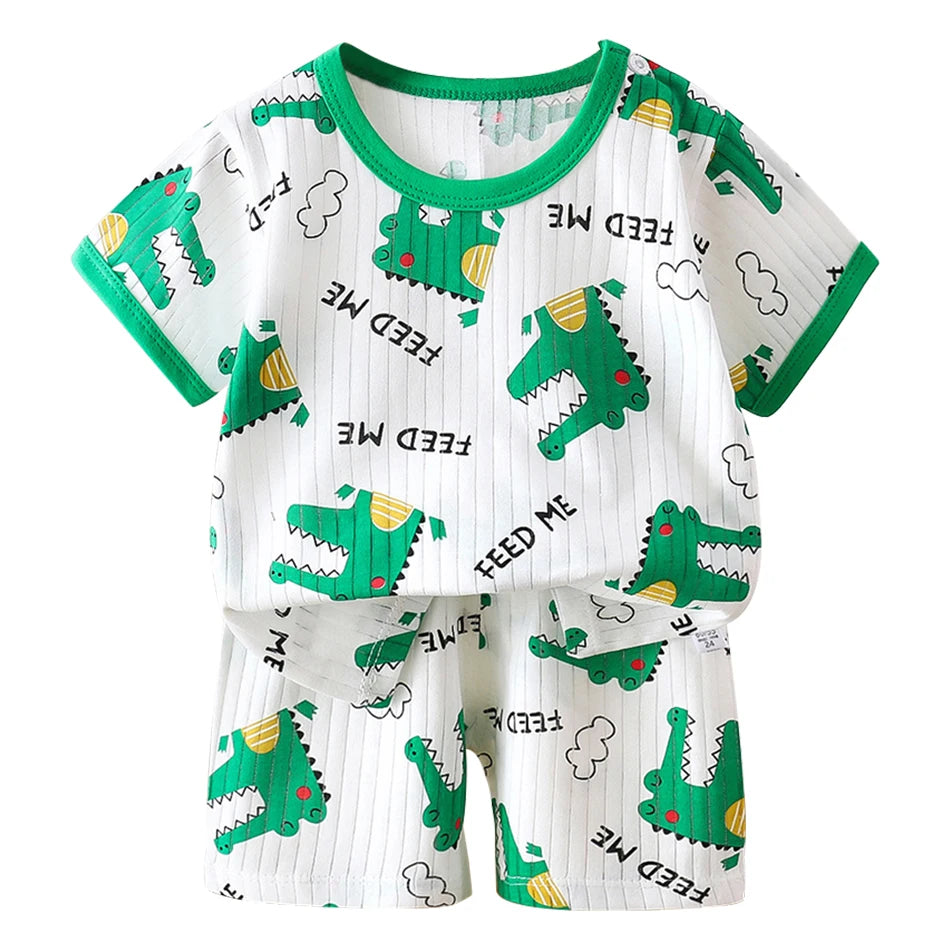 2 Pcs Dinosaur Print T-shirt Set Children's Cartoon Pajamas Sets Boys Kid's Short Sleeve Summer Korean Style Baby Girl Clothes