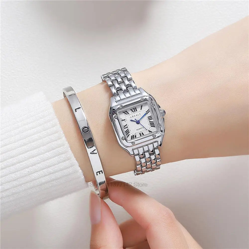 2025 Luxury Women's Fashion Square Watches Gold Alloy Strap Ladies Quartz Wristwatches Qualities Female Roman Scale Clock