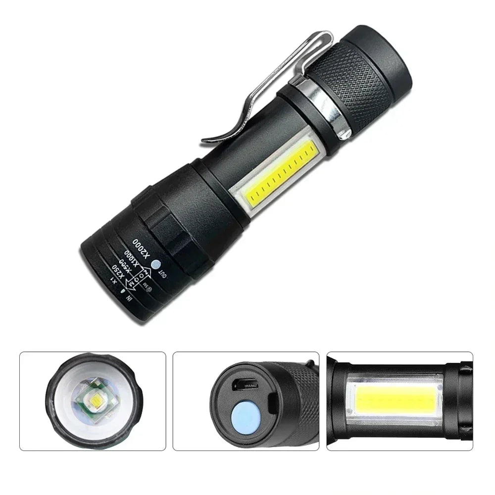 Portable Rechargeable LED Flashlight with Pen Clip Zoomable Waterproof Torch with Side Light Outdoor Camping Emergency Lantern