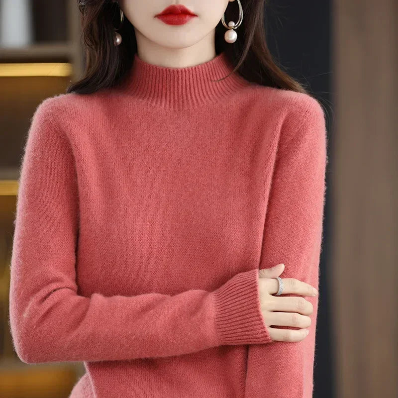 Women's Knitwear Autumn Winter Sweater Korean Basic Solid Long Sleeve Pullovers Warm Bottoming Shirts Half High Collar Black Red