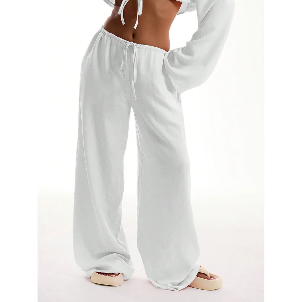 Casual Oversized White Solid Wide Leg Pants Fashion Women Elastic High Waist Pocket Baggy Sweatpant Office Lady Commute Trousers