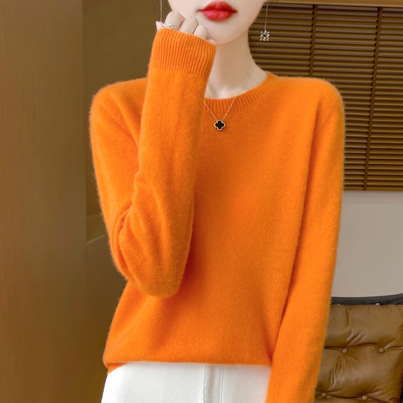 2024 Fashion 100% Merino Wool Sweater Cashmere Pullover O-Neck Long Sleeve Women Knitwear Autumn Winter Clothing Y2K Tops O Ling