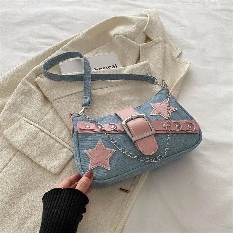 Y2k Hot Girls Denim Shoulder Bags Retro Rivet Star Women's Underarm Bag Portable Female Chain Armpit Bag Small Purse Handbags