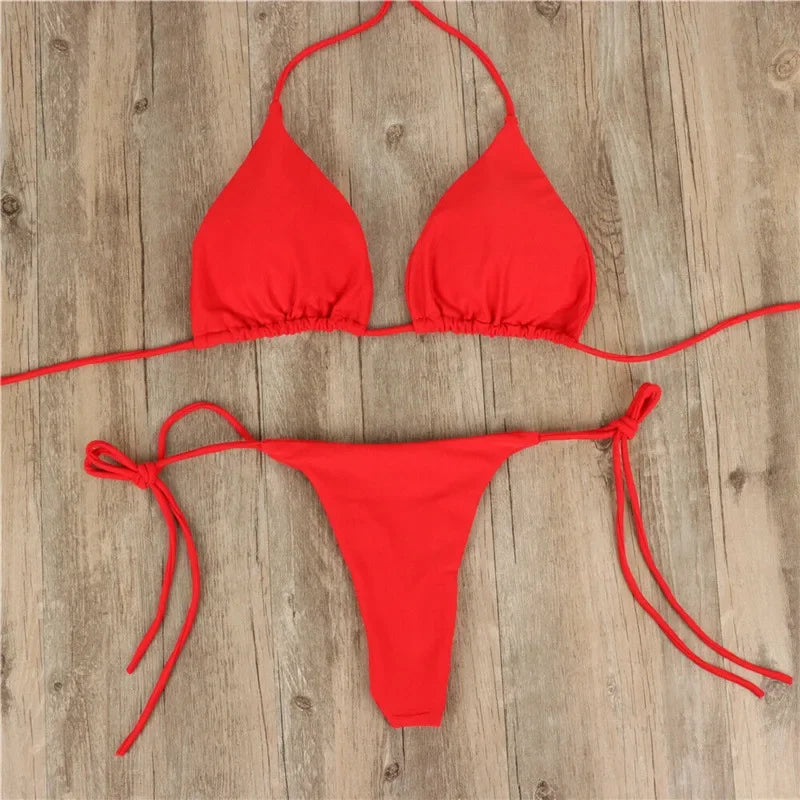 Bikini Sexy Swimsuits Swimwear Swimming Suit for Women Hanging Neck Tie Up Bikini Solid Color Sexy Split Strap Swimsuit Set