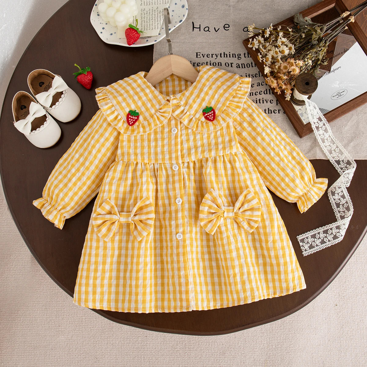 Spring And Autumn New Sweet Strawberry Baby Girl Dress, Yellow Checkered Long Sleeved Children'S Clothing For Babies Aged 0-3