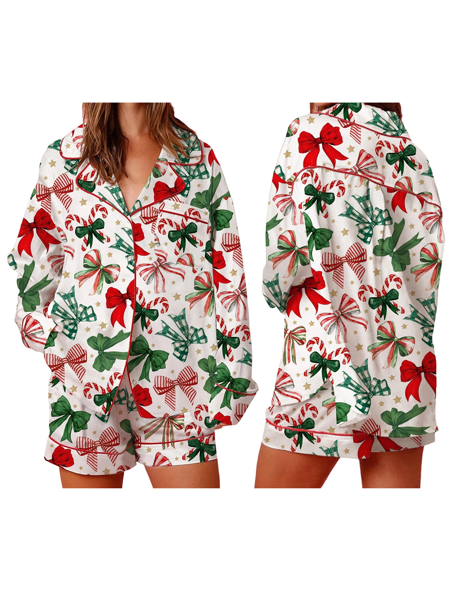 Women s Festive Holiday Pajama Set with Long Sleeve Lapel Shirt and Wide Leg Shorts in Christmas Print Sleepwear Collection