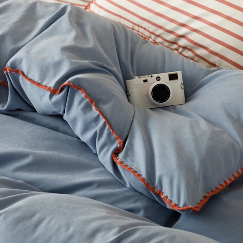 Blue Protein Durable Washed Cotton Bedding Set Striped Color Block Shell Embroidery Comforter Cover with Standard Pillowcases