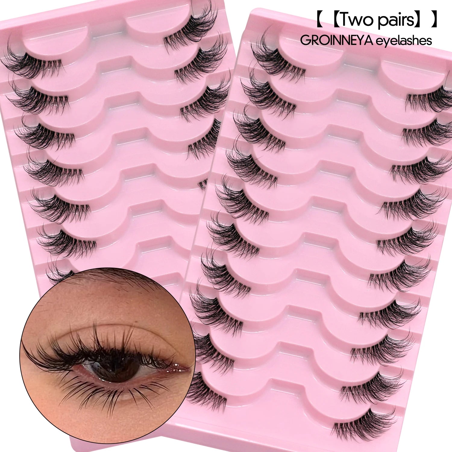 GROINNEYA Two Boxs Half Eyelashes Natural Fluffy Cat Eye Lashes Soft Wispy Faux Mink Lashes Winged End Eye Elongated Eyelashes
