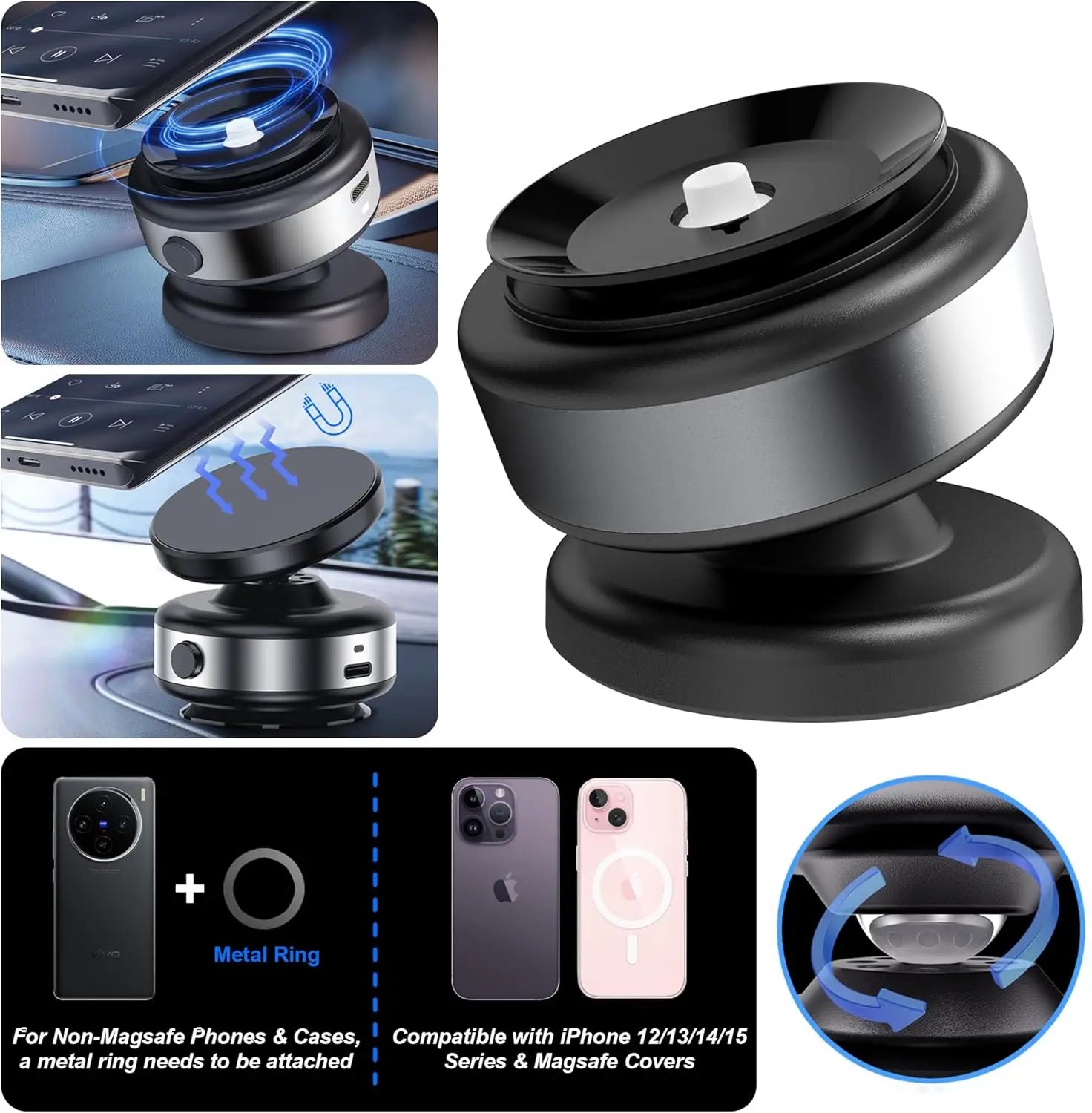 Electric Vacuum Magnetic Car Mount Stand for Cell Phone 360° Rotation Strong Suction Cup for iPhone 14 15 16 Hands-Free Holder