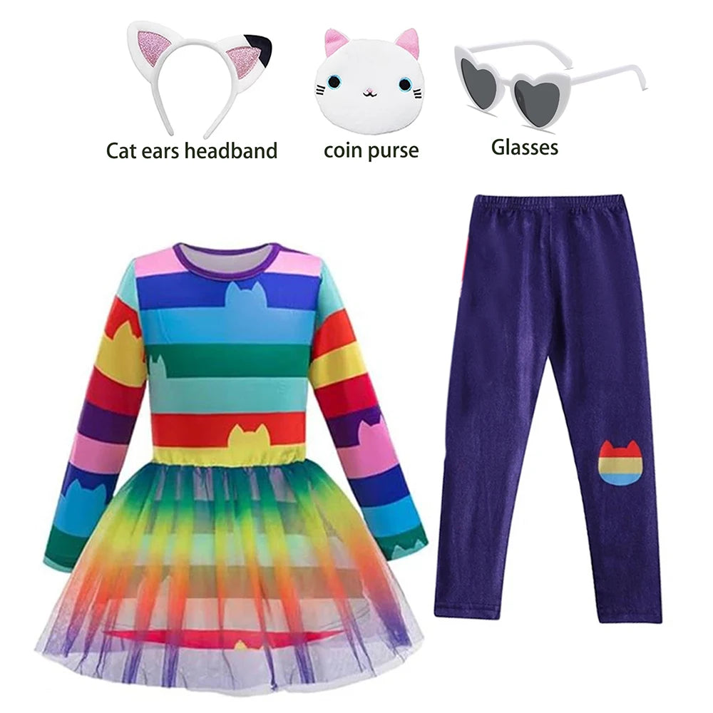 Spring Autumn Children's Clothes Set Gabby Long Sleeved Rainbow Mesh Skirt +pants Set Dollhouse Cat Girl's Tutu Two-Piece Sets