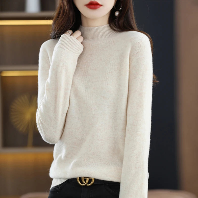 New Fashion Autumn And Winter Pure Wool Sweater Top Women's Semi-Turtleneck Solid Color Long-Sleeved Fashion Pullover Sweater101