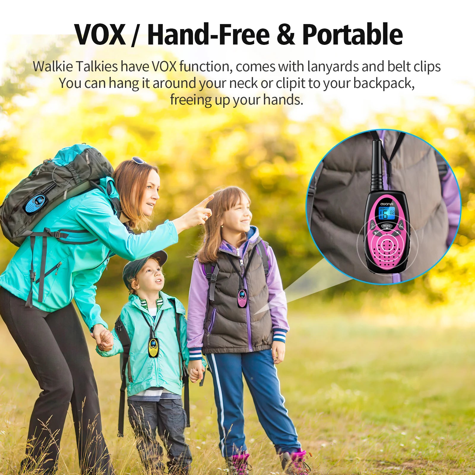 AWANFI Walkie Talkies Rechargeable 3 Pack for Kids Adults, 2 Way Radios with 1200 mAh Li-ion Battery, 22 Channels for Outdoor