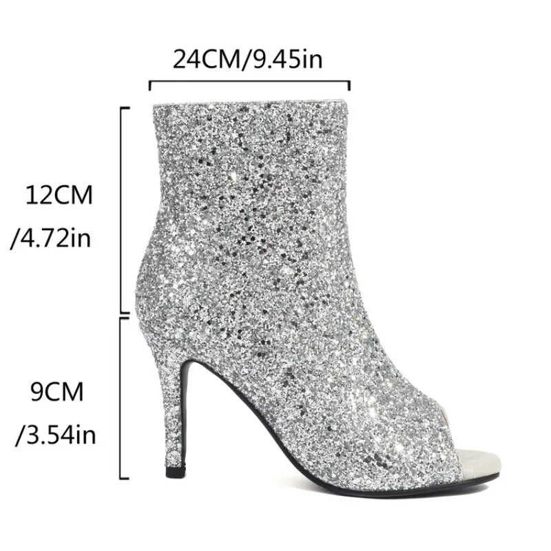 Ochanmeb Glitter Silver Peep Toe Boots Women Thin High-Heeled Open Toe Zipper Golden Sequins Ankle Boot Ladies Party Shoes 34-48