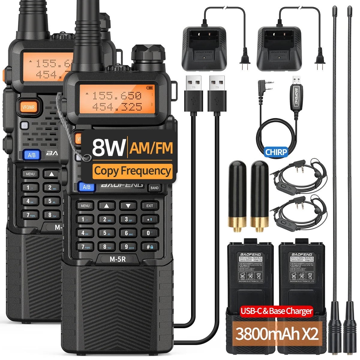 2X BAOFENG M-5R 8W Walkie Talkie 3800mAh Battery Multi Band AM Type-C USB Copy Upgraded UV-5R UV5R Long Range Two Way Ham Radio