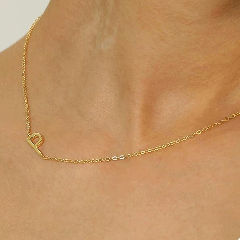 Sideways English Letter Initial Necklace 18K Gold Plated Stainless Steel Necklace Minimalist Initial Pendant Necklace for Women