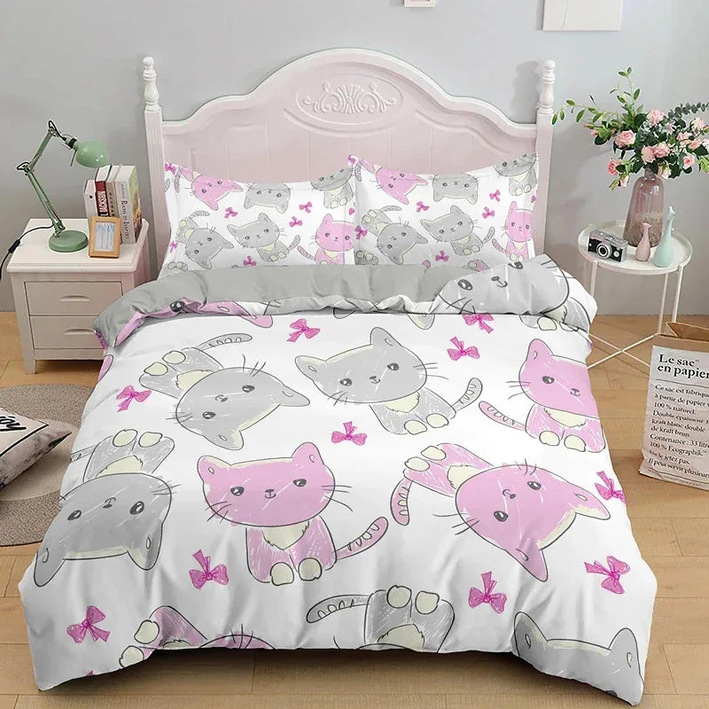 3PCS Single-sided Printed Bedding Set ,Comforter Cartoon Cute Cat Duvet Bedding Cover Pillows Comfortable Bedspreads Bedding Set