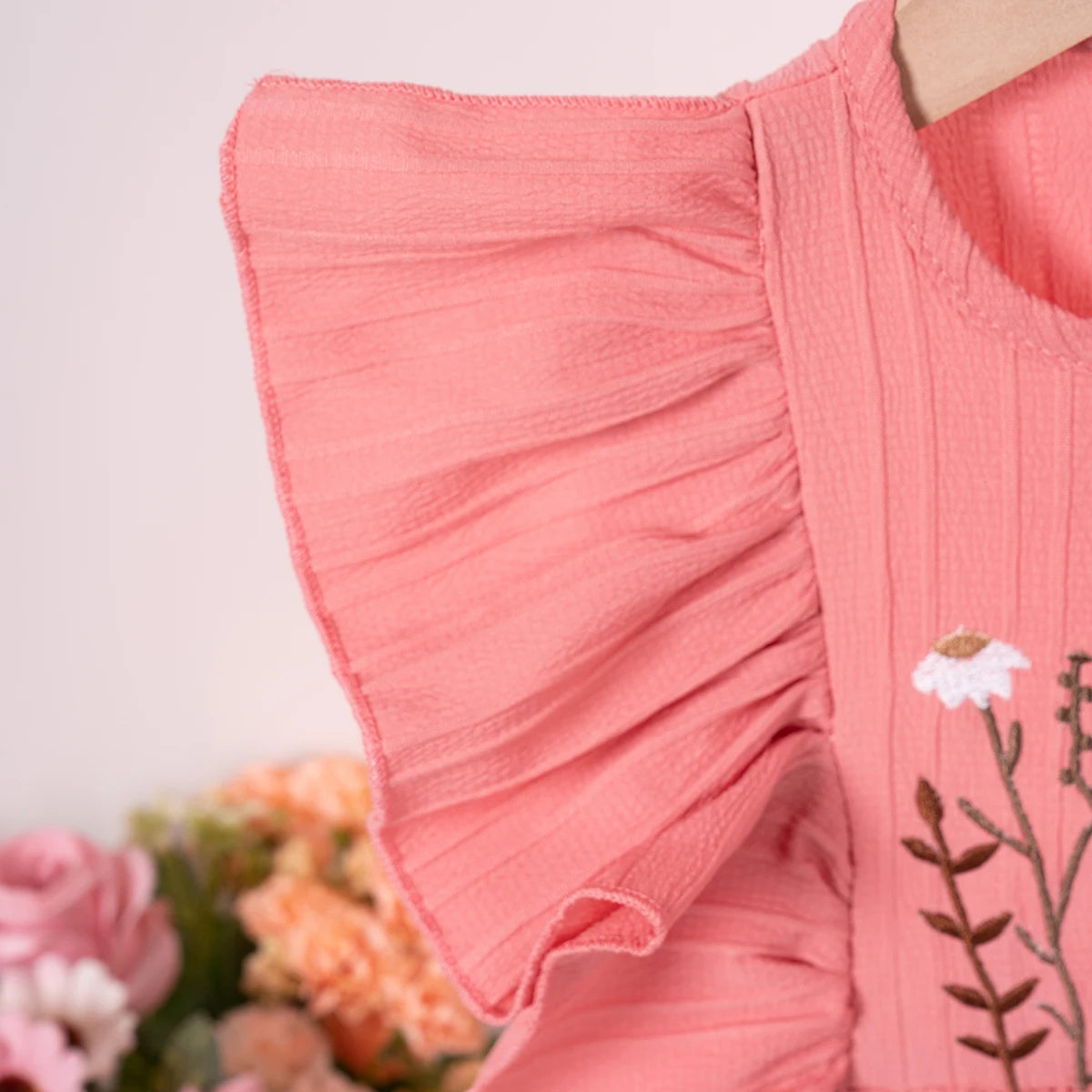 Baby Girl Summer Dress Embroidered Floral Details Sweet Solid Colour Round Neckline Fashionable Trendy Clothing