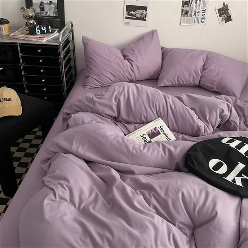 100% Cotton Bed Linen Bedding Set Washed Cotton Four Pieces Bed Sheet Set Comforter Sets Dolid Double Couple Bed Quilt Cover