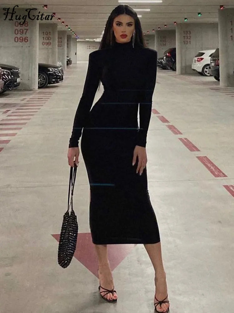 Hugcitar Women Fashion Turtleneck Long Sleeves Black Sexy Bodycon Maxi Prom Dress Fall Casual Clothes Streetwear Party Festival
