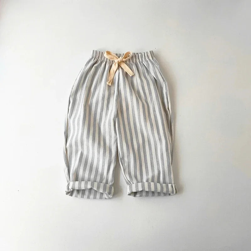Children's Clothing Vintage Linen Cotton Stripe Pants Baby Boy Girl Casual Shorts Spring Summer Girls Loose Trousers and Shorts
