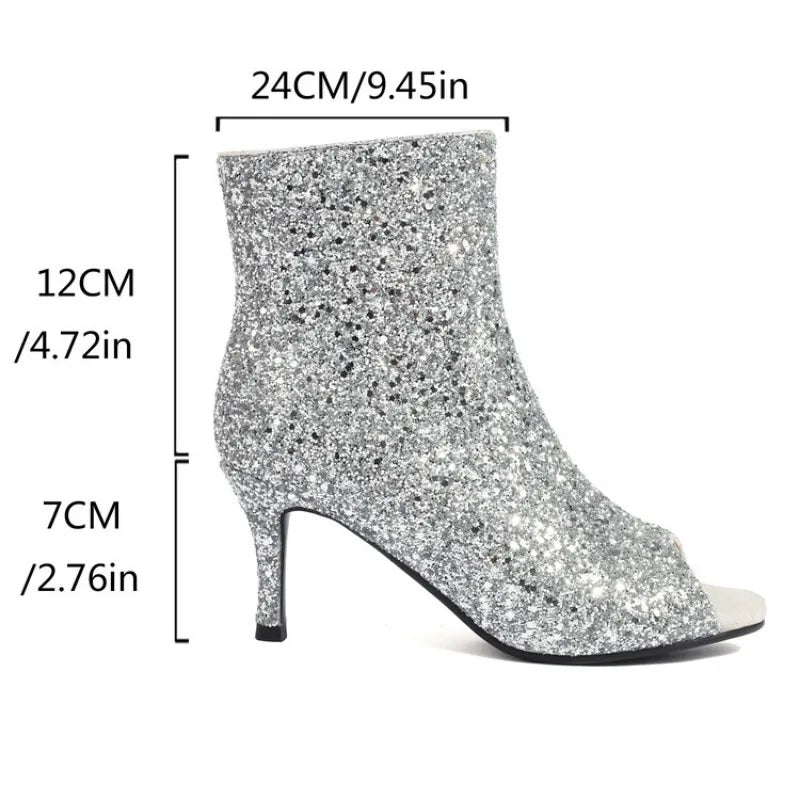 Ochanmeb Glitter Silver Peep Toe Boots Women Thin High-Heeled Open Toe Zipper Golden Sequins Ankle Boot Ladies Party Shoes 34-48