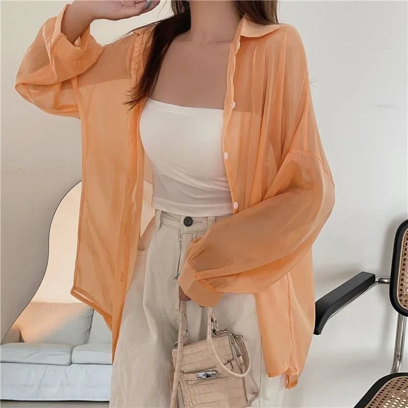 Xpqbb Women's White Chiffon Shirt Sheer Thin Long Sleeve Sun Protection Blouse Woman Casual Loose Simple Single-breasted Shirts