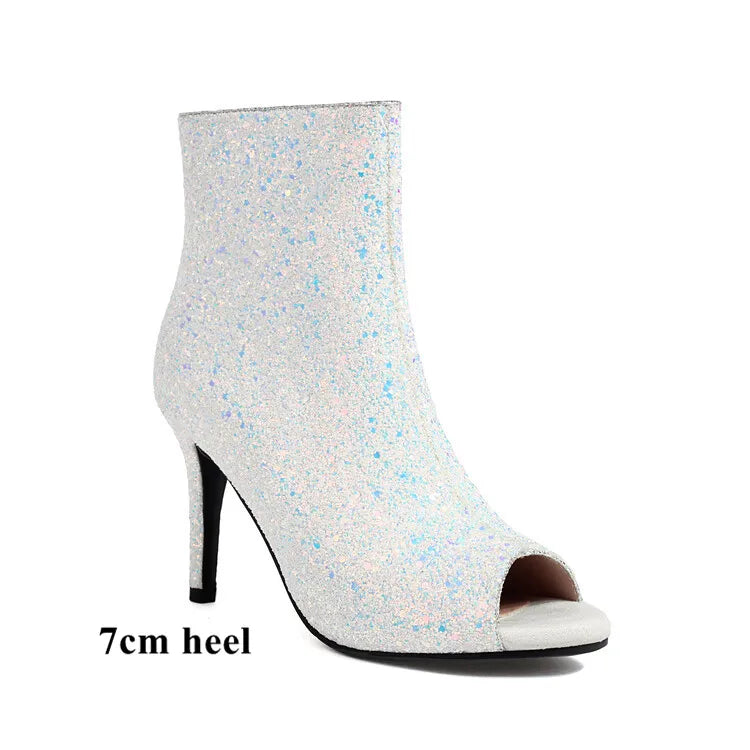 Ochanmeb Glitter Silver Peep Toe Boots Women Thin High-Heeled Open Toe Zipper Golden Sequins Ankle Boot Ladies Party Shoes 34-48