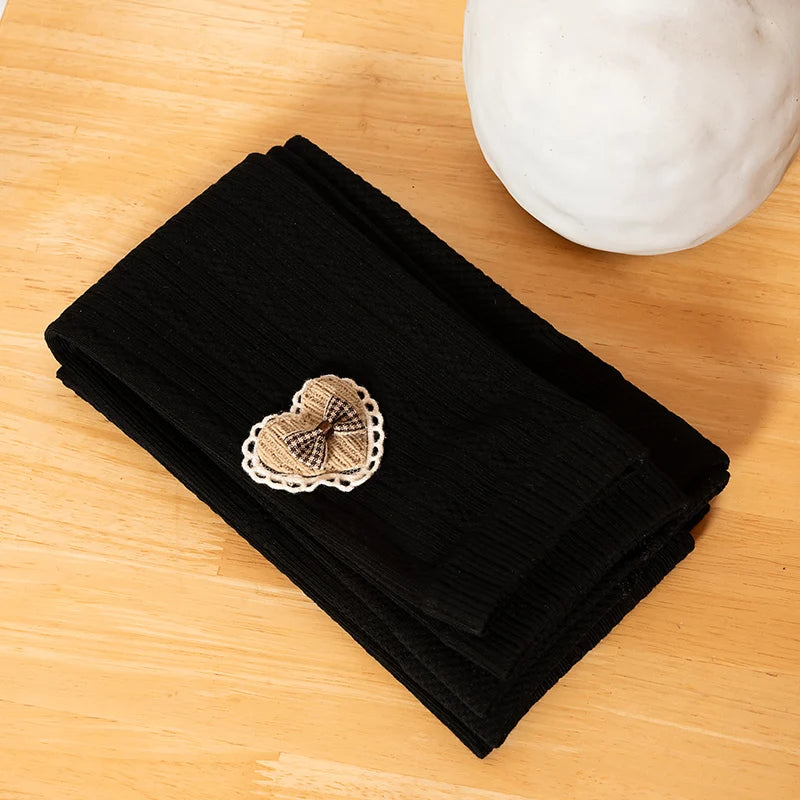 Princess Girl Wavy Cable Knit Cropped Pants With Side Love Bow Heart Lace Trim Tight Soft Comfortable Student Baby Kids Leggings