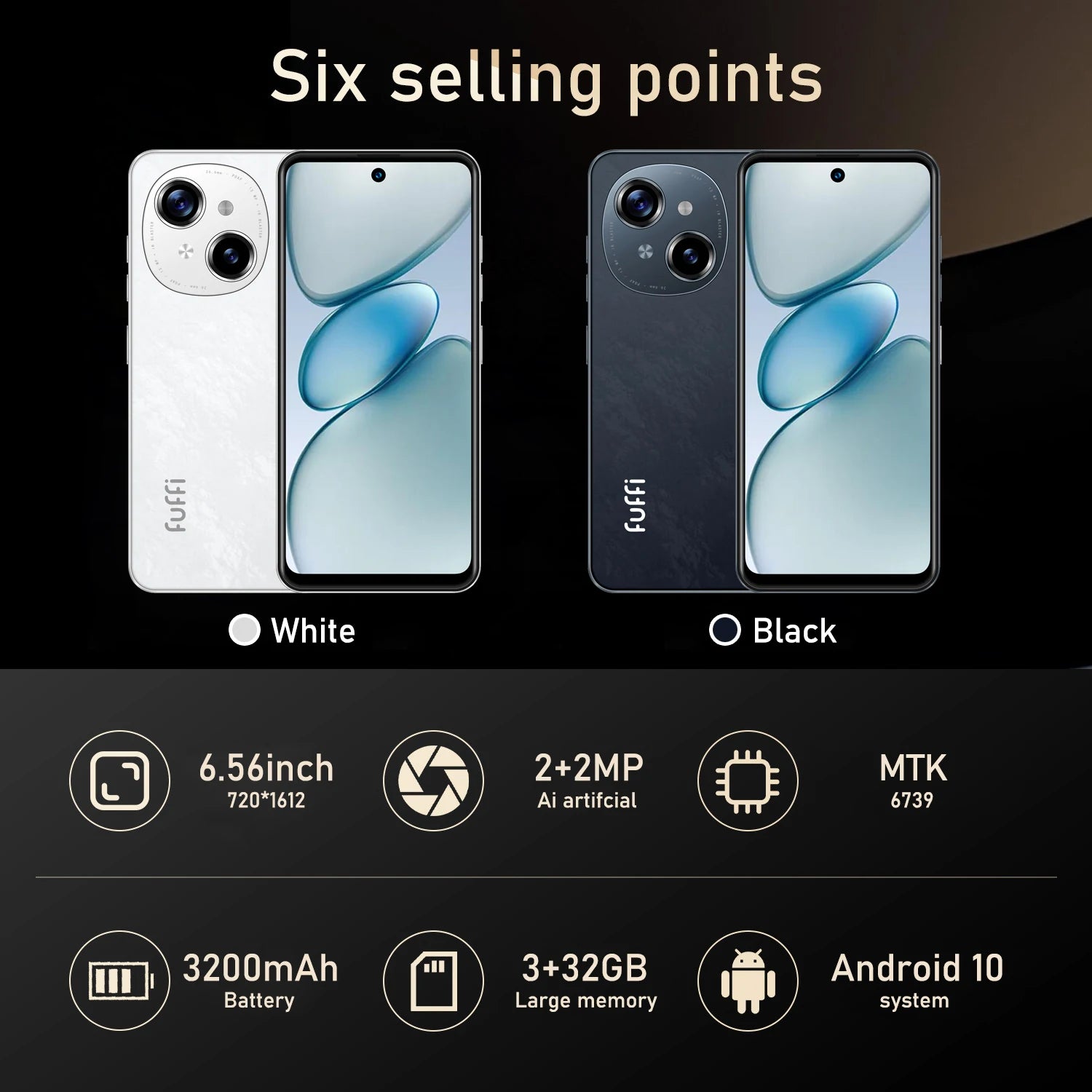 FUFFI 6.56 Inch Smartphone, 4G Network Dual SIM Phone, Android 10.0 Phone with 32GB ROM, Quad Core Processor, 2+2MP Pixels Phone