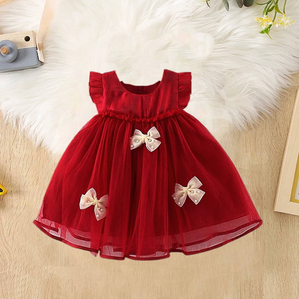 Baby Girl Dress Summer Girl Bow Pearl Mesh Princess Dress Cute Girl's First Year Dress Birthday Party Dress  Baby Girl Clothes