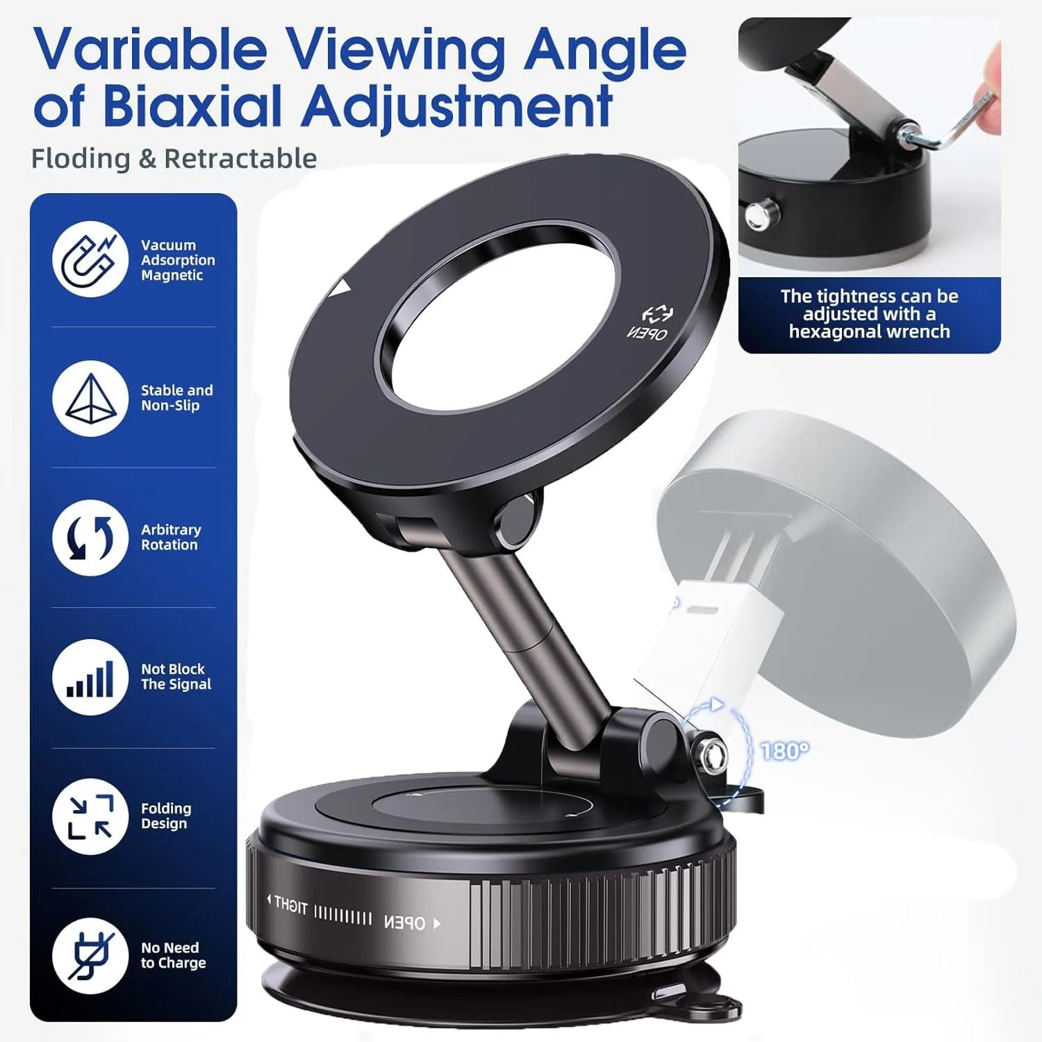 360° Rotatable Vacuum Magnetic Phone Holder, Foldable and Retractable Suction Cup Car Phone Mount for Car/Gym/Mirror/Smooth