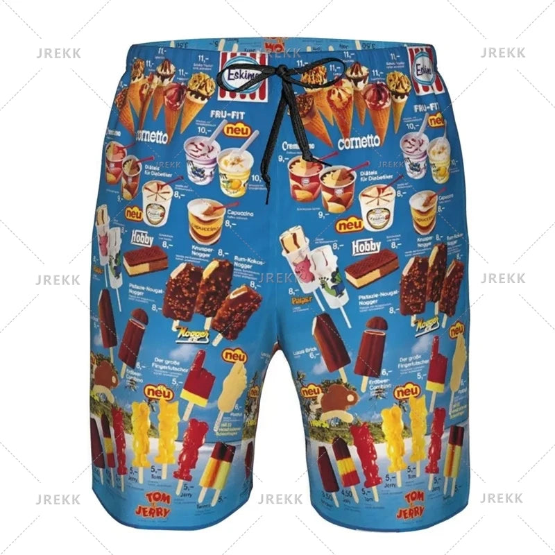 Ice Cream Poster Beach Shorts Men Kids Hot Sale Summer Popsicle Pattern Swimming Trunks Cool Street Oversized Short Pants