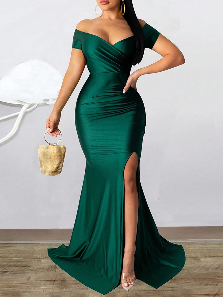Classic High Slit Evening Dress Women Solid Maxi Long Dresses With Sleeves Wedding Bridesmaid Elegant Party Dresses 2025 Woman
