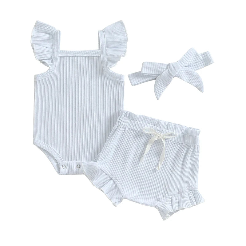 Newborn Baby Girl Clothes Summer Outfit Ruffle Sleeveless Knit Romper Top Bloomer Shorts Set