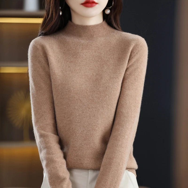 New Fashion Autumn And Winter Pure Wool Sweater Top Women's Semi-Turtleneck Solid Color Long-Sleeved Fashion Pullover Sweater101